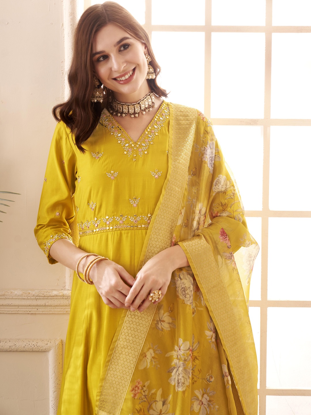 

Anouk Floral Embroidered V-Neck Mirror Work Anarkali Kurta & Trousers With Dupatta, Yellow