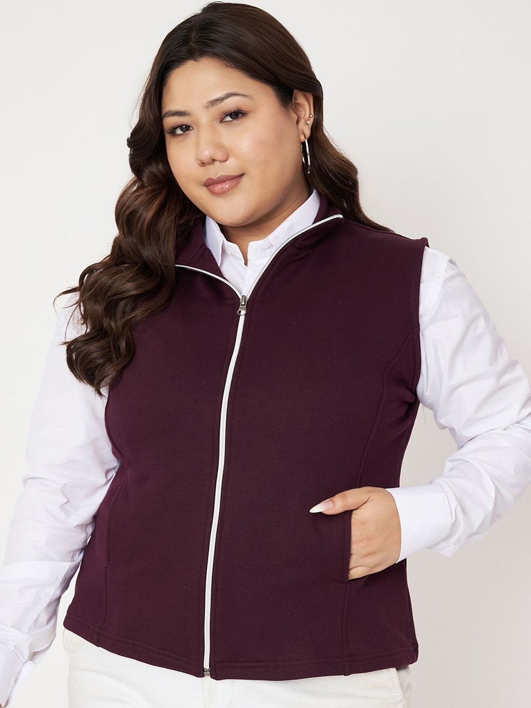 

BRINNS Women Plus Size Mock Collar Open Front Jacket, Burgundy