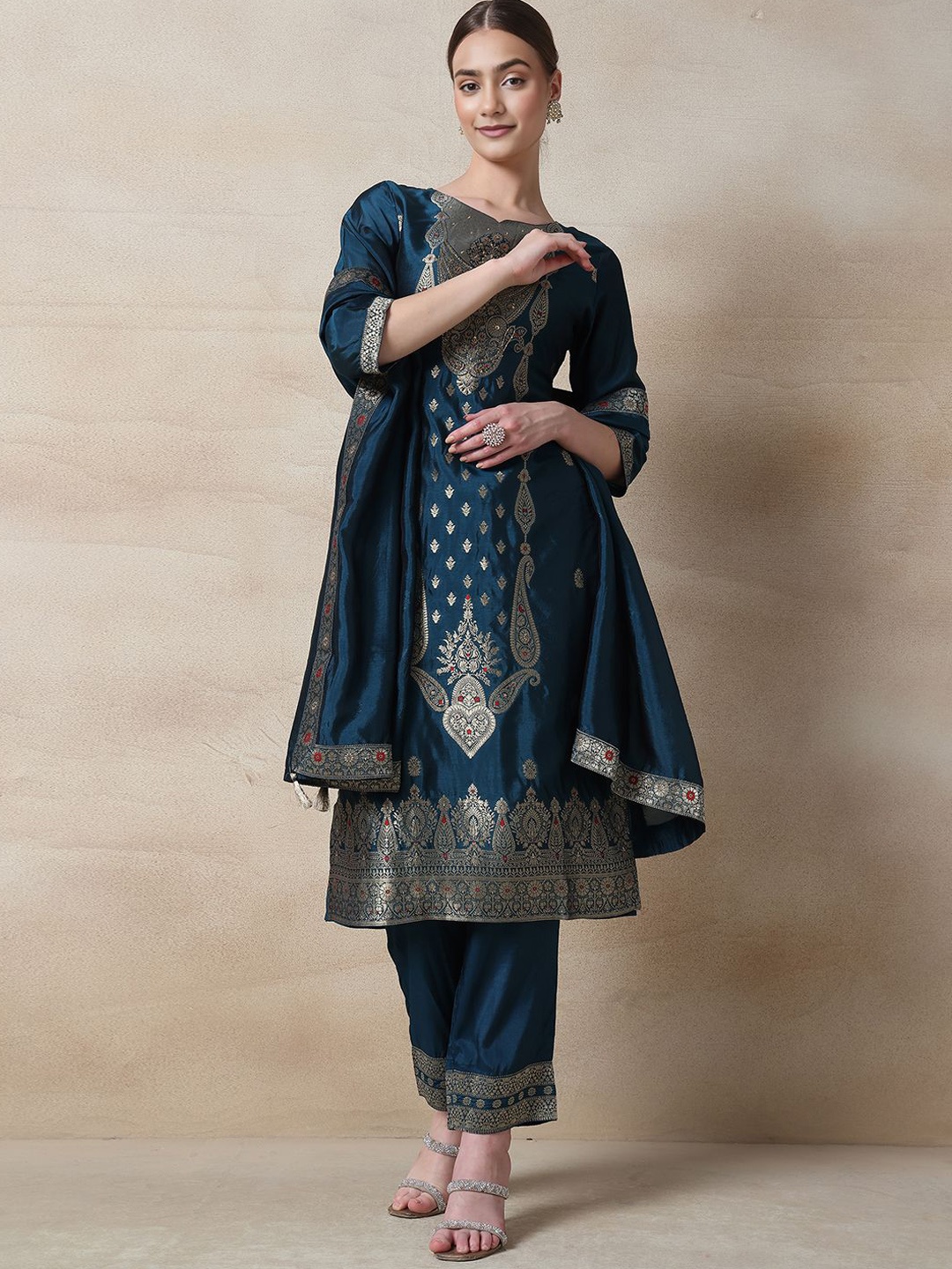 

Rang by Indya Woven Design Straight Kurta with Trousers & With Dupatta, Blue