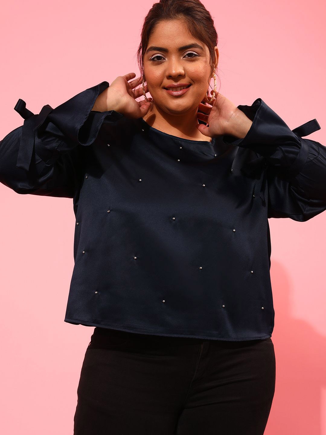 

CURVY STREET Women Embellished Round Neck Top, Navy blue