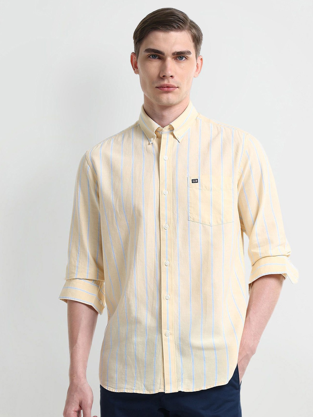 

Arrow Sport Men Slim Fit Opaque Striped Casual Shirt, Yellow