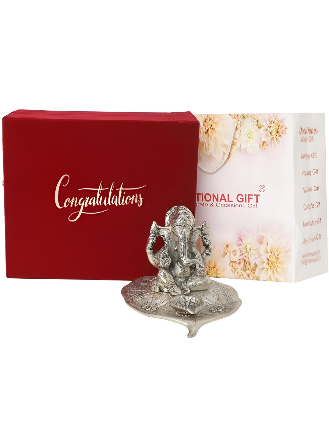 

INTERNATIONAL GIFT Silver-Toned Religious Patta Ganesh With Box & Congratulation Tag