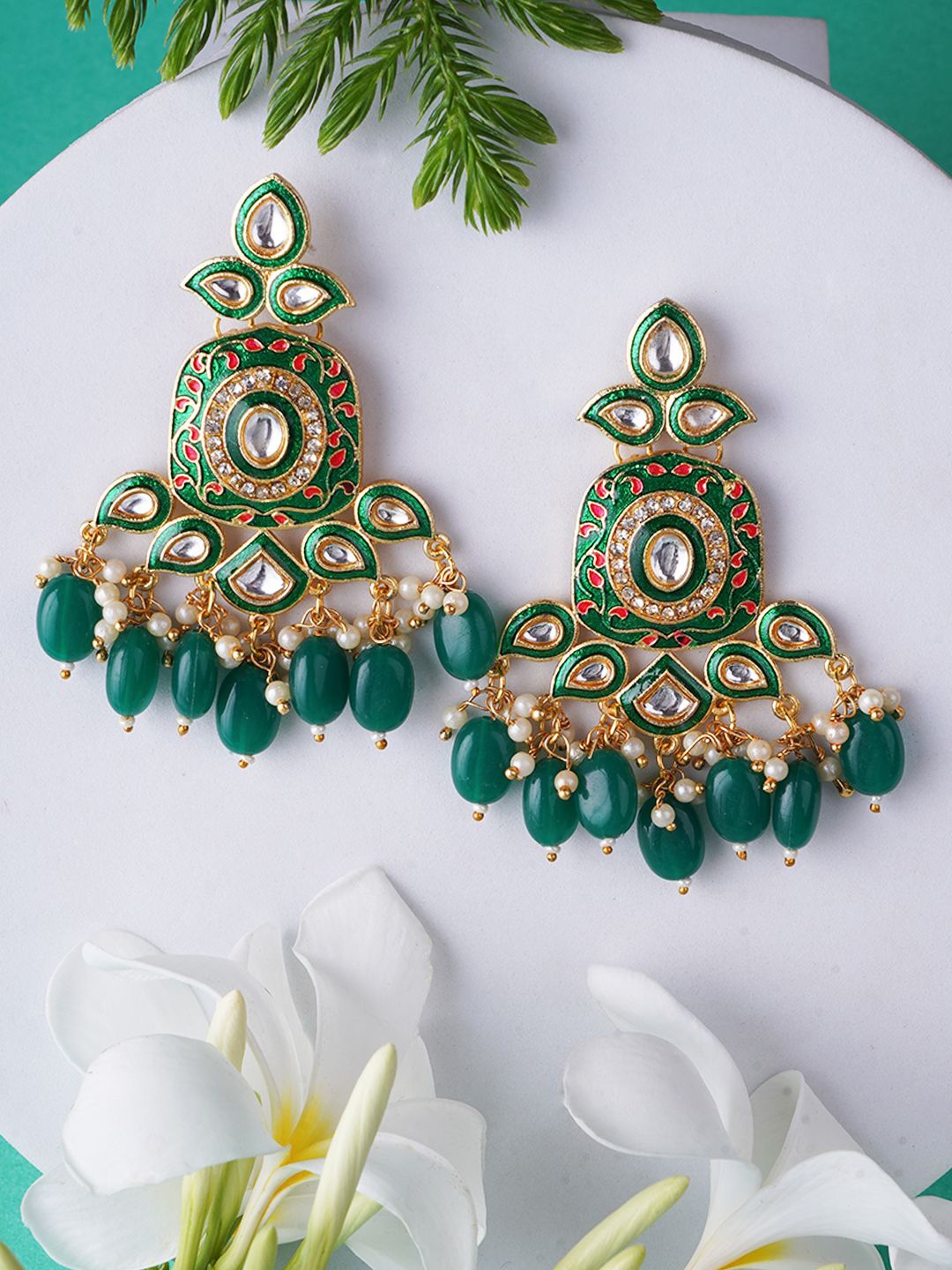 

Anouk Gold Plated Kundan & Pearl Studded Classic Drop Earrings, Green