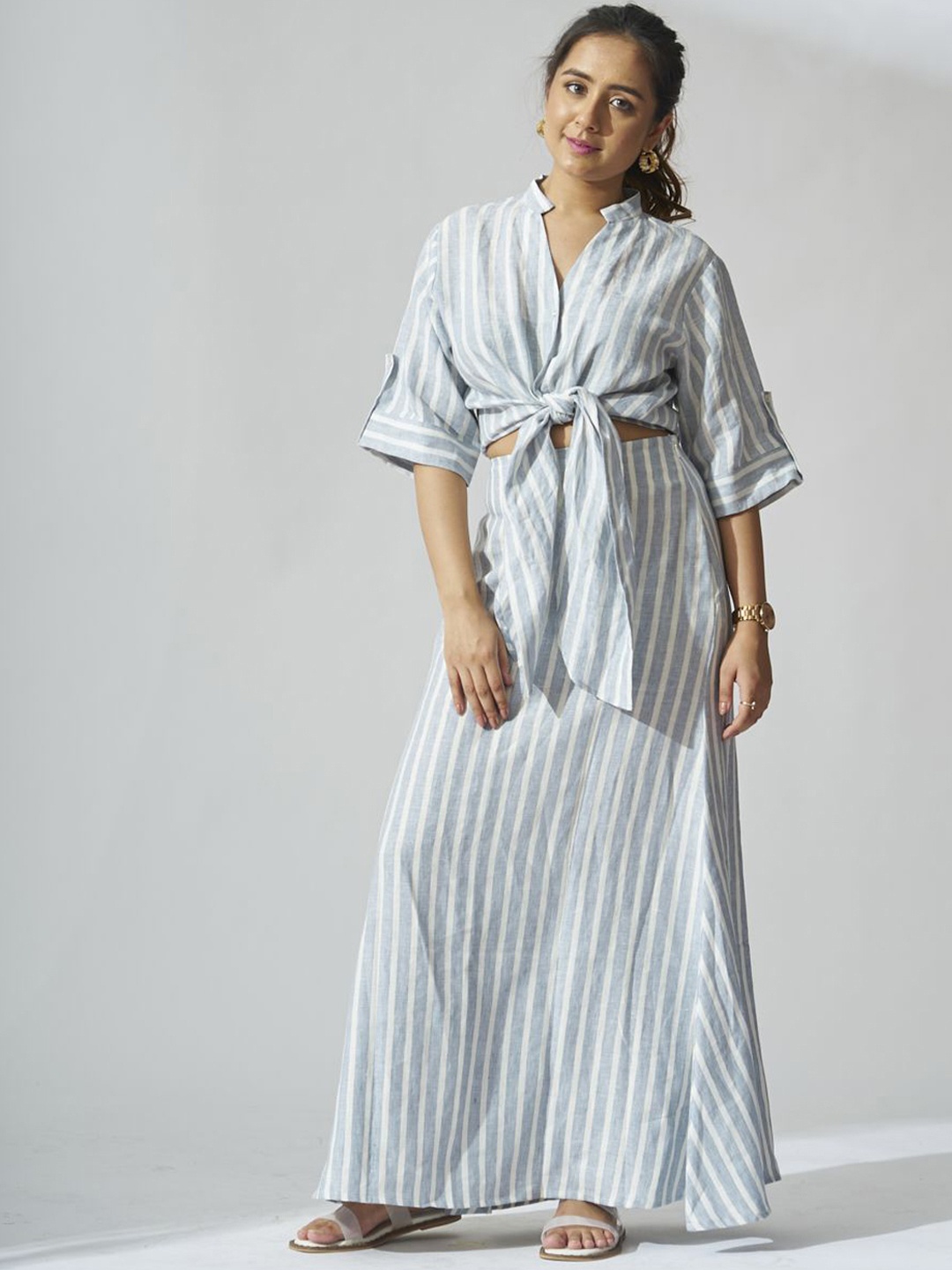 

Risate Striped Linen Shirt With Skirt, Blue