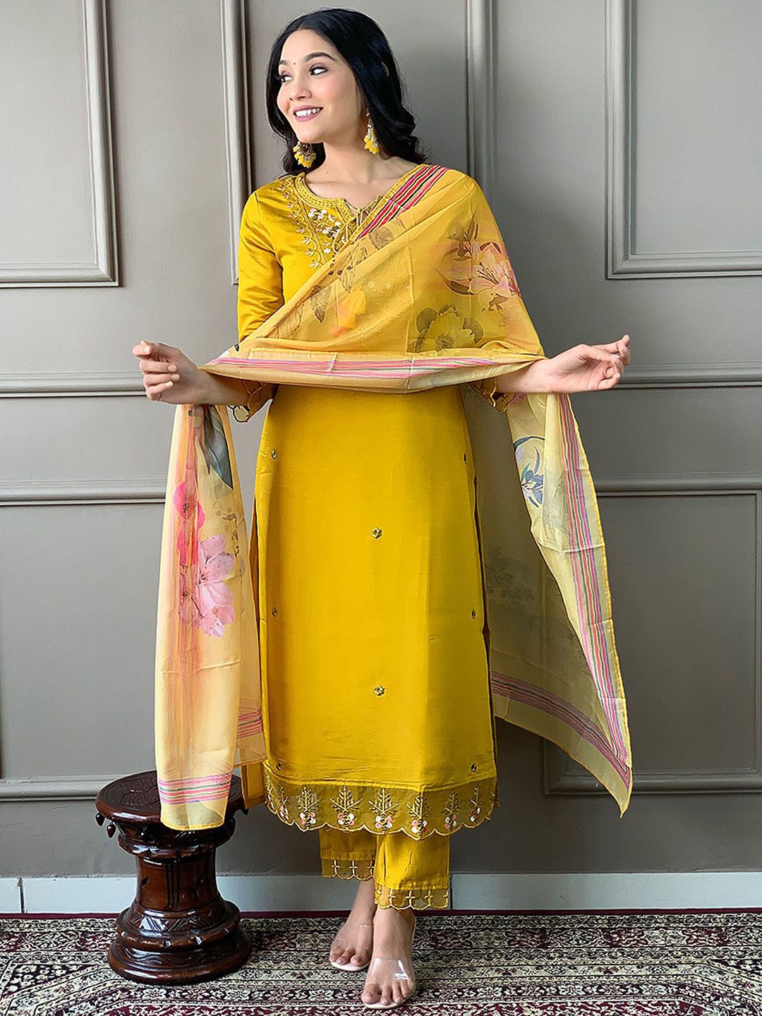 

Ishin Floral Embroidered Straight Kurta With Trousers & Dupatta, Mustard