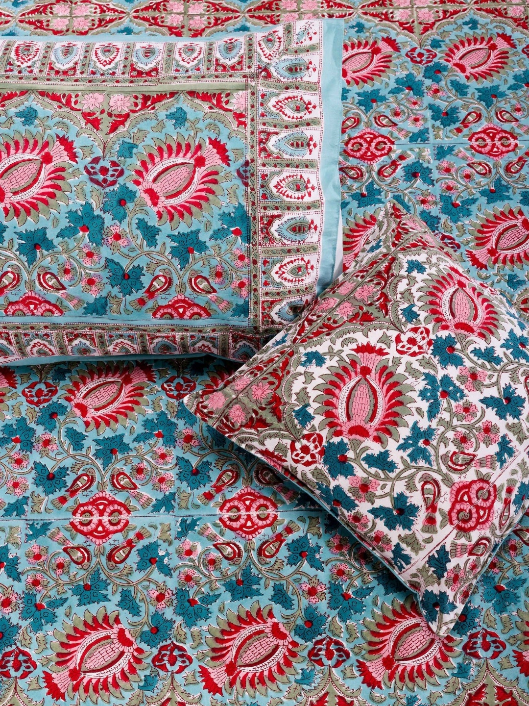 

SHAHENAZ Turquoise Blue Ethnic Motifs Cotton 120 TC Single Bedsheet with 1 Pillow Covers