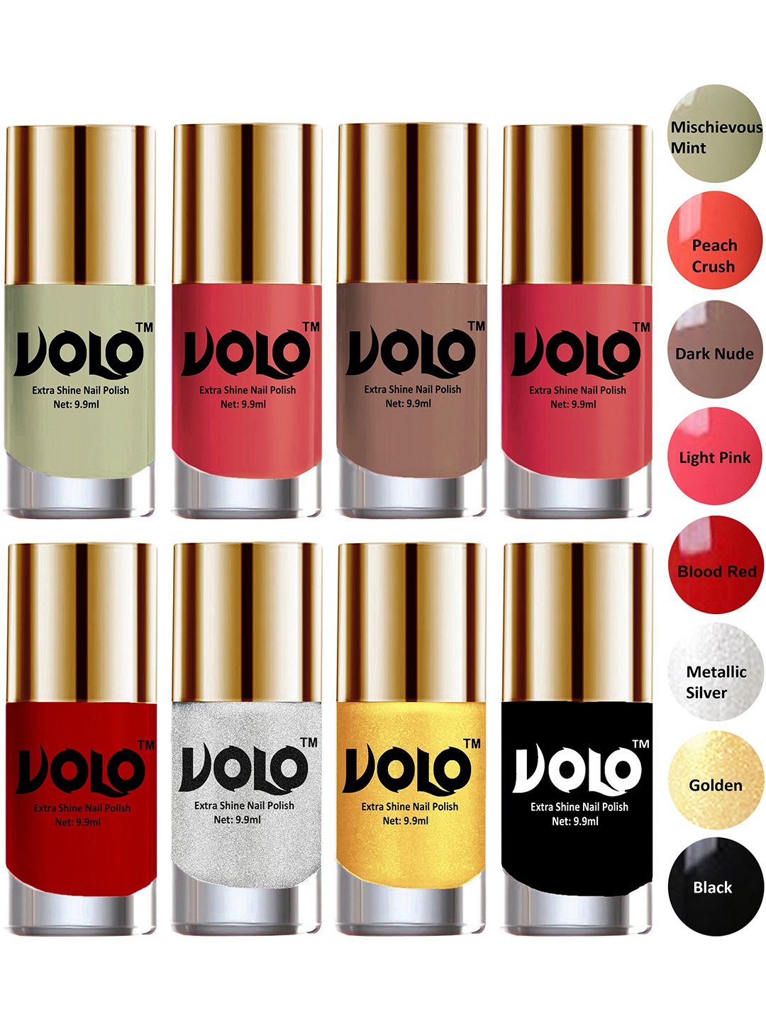 

VOLO Set Of 8 Extra Shine Nail Polish- 9.9ml Each- Combo-No-08, Multi