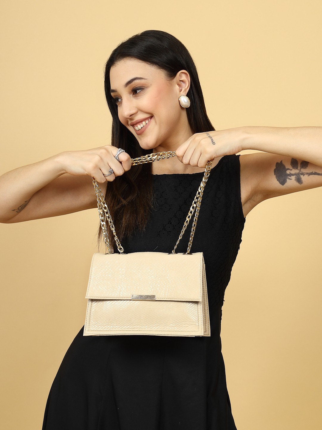 

DressBerry Women Textured PU Structured Tote Bag, Beige