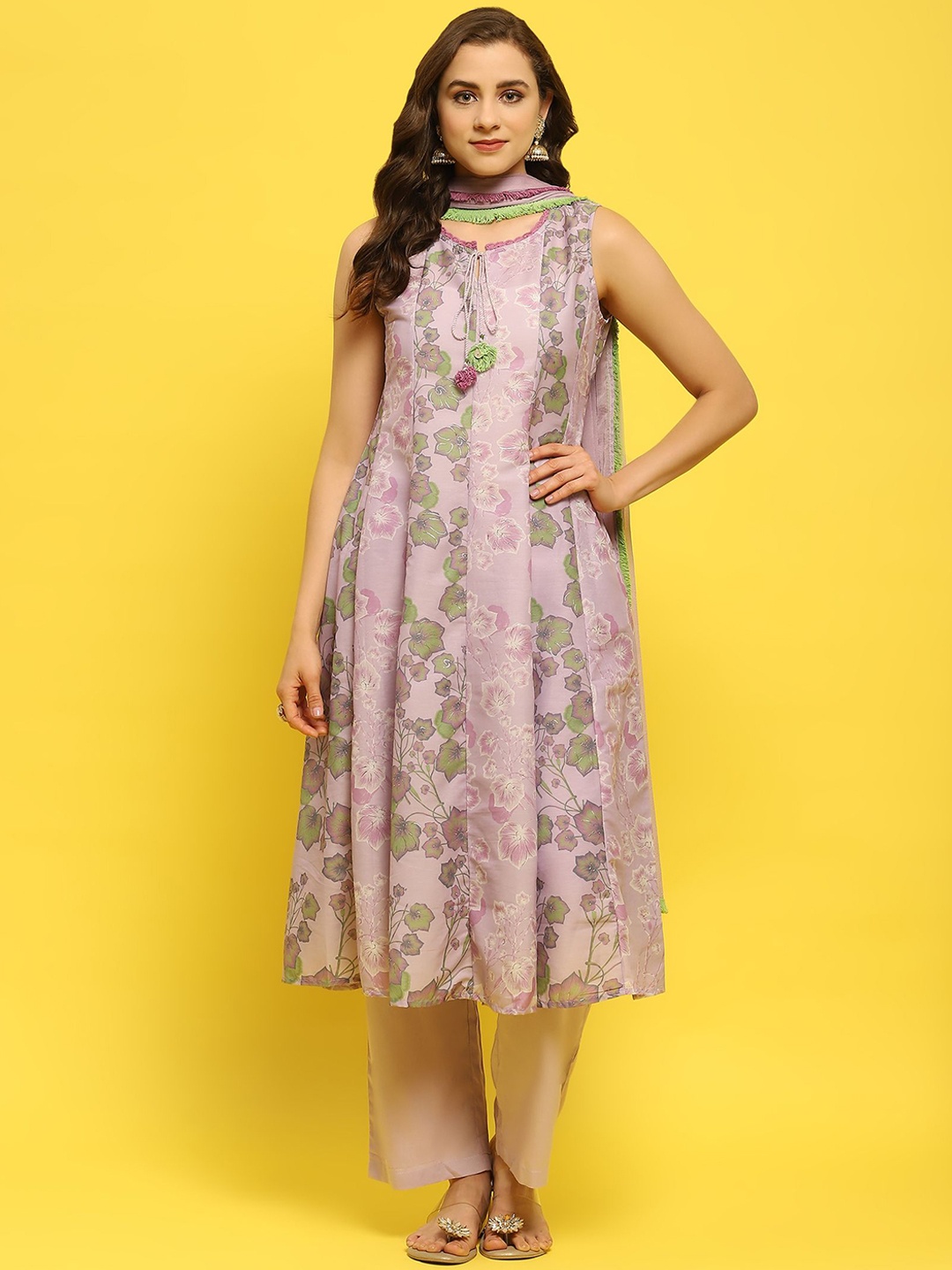 

Shree Floral Printed Liva A-Line Kurta with Trousers & With Dupatta, Lavender