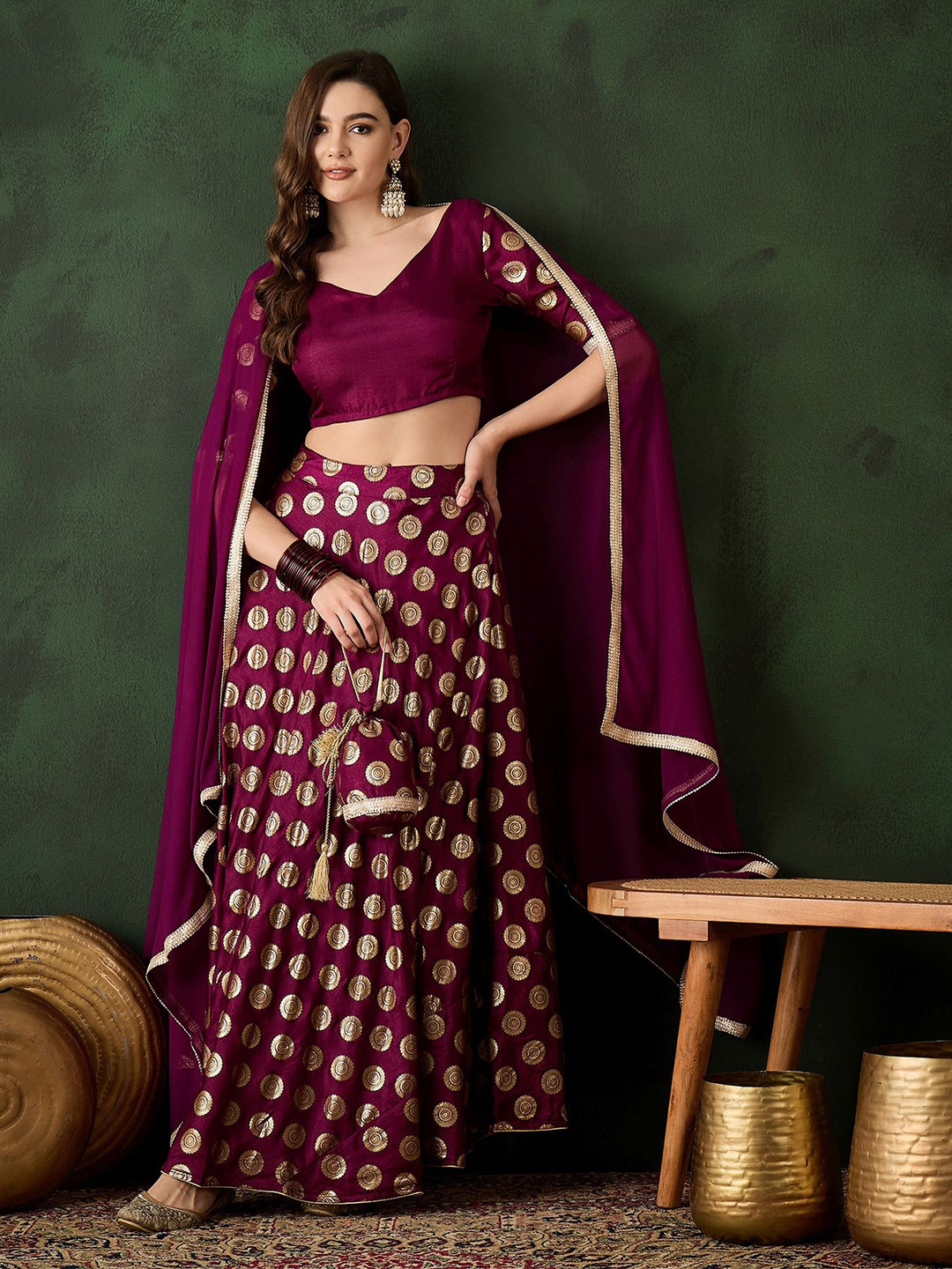 

Sangria Foil Printed V-Neck Choli & Lehenga With Dupatta, Purple