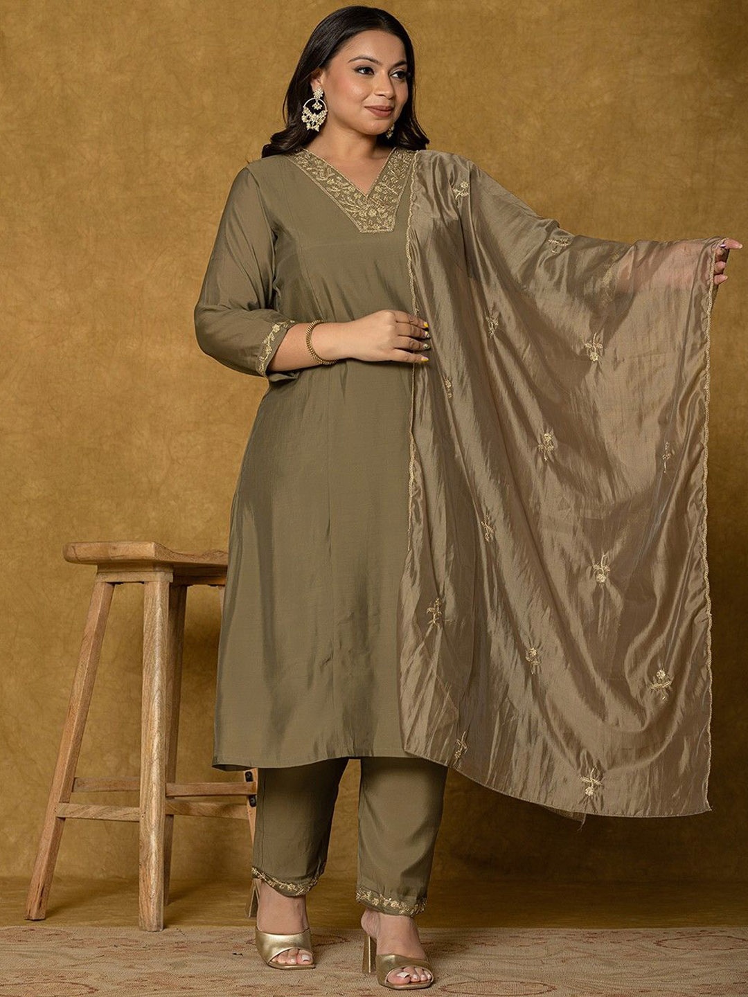 

Yufta Plus Size Floral Yoke Design Thread Work A-Line Kurta With Trousers & Dupatta, Olive