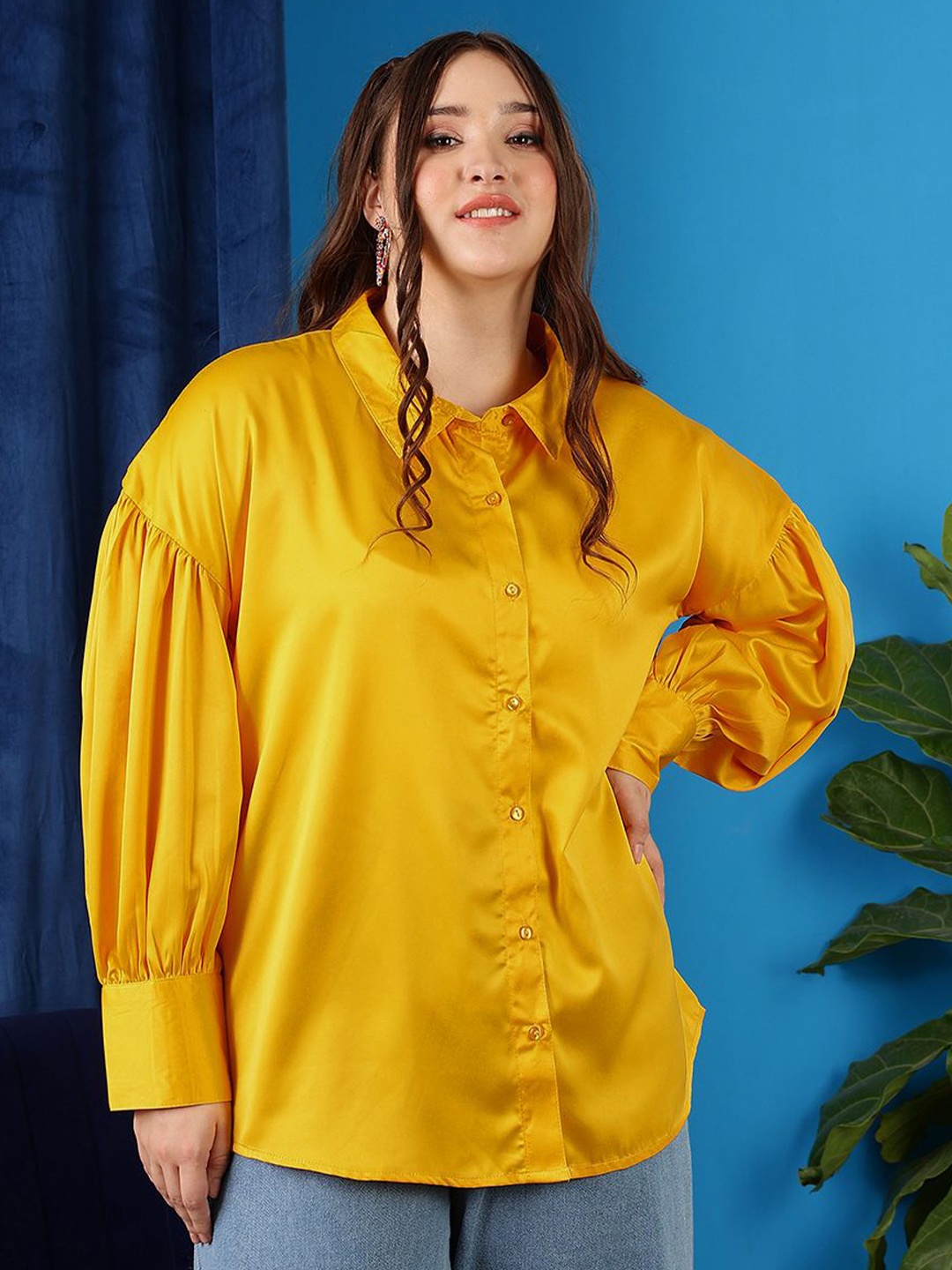

CURVY STREET WoMen Plus Size Comfort Spread Collar Solid Oversized Casual Shirt, Yellow