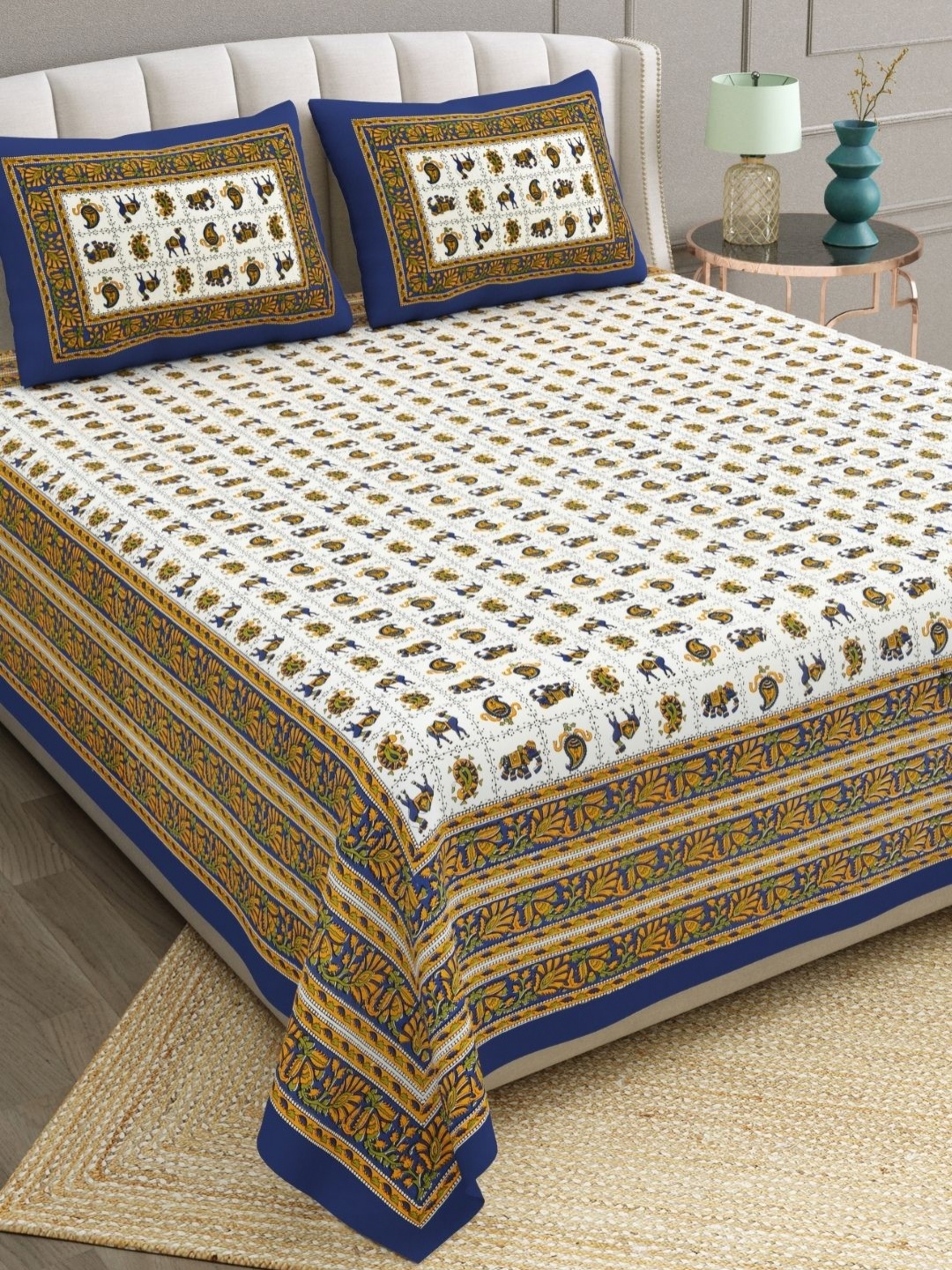 

The Craft Monk Beige & Blue Cotton 20 TC King Bedsheet with 2 Pillow Covers