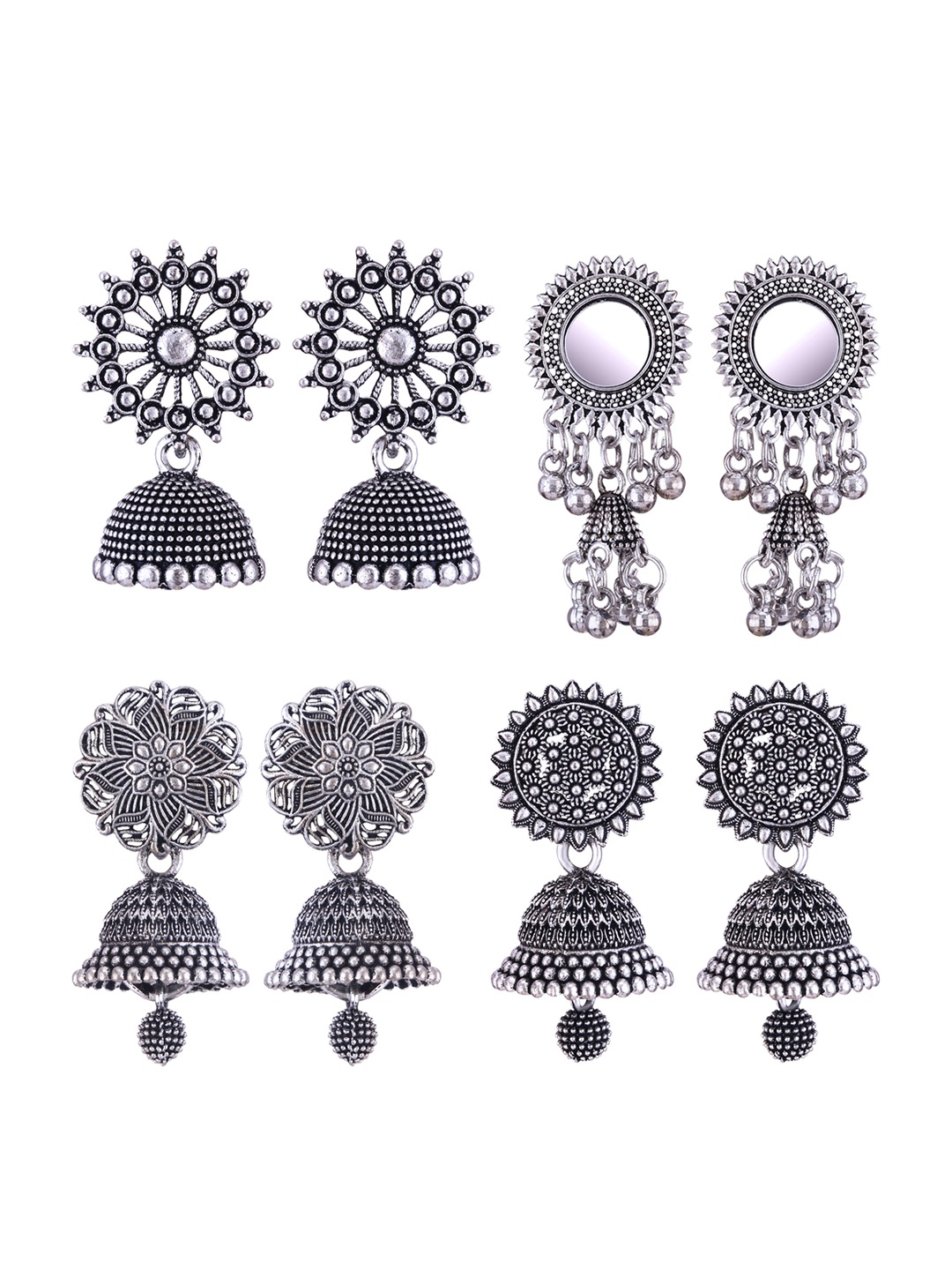 

DIVASTRI Set of 4 Silver Plated Dome Shaped Oxidised Jhumkas