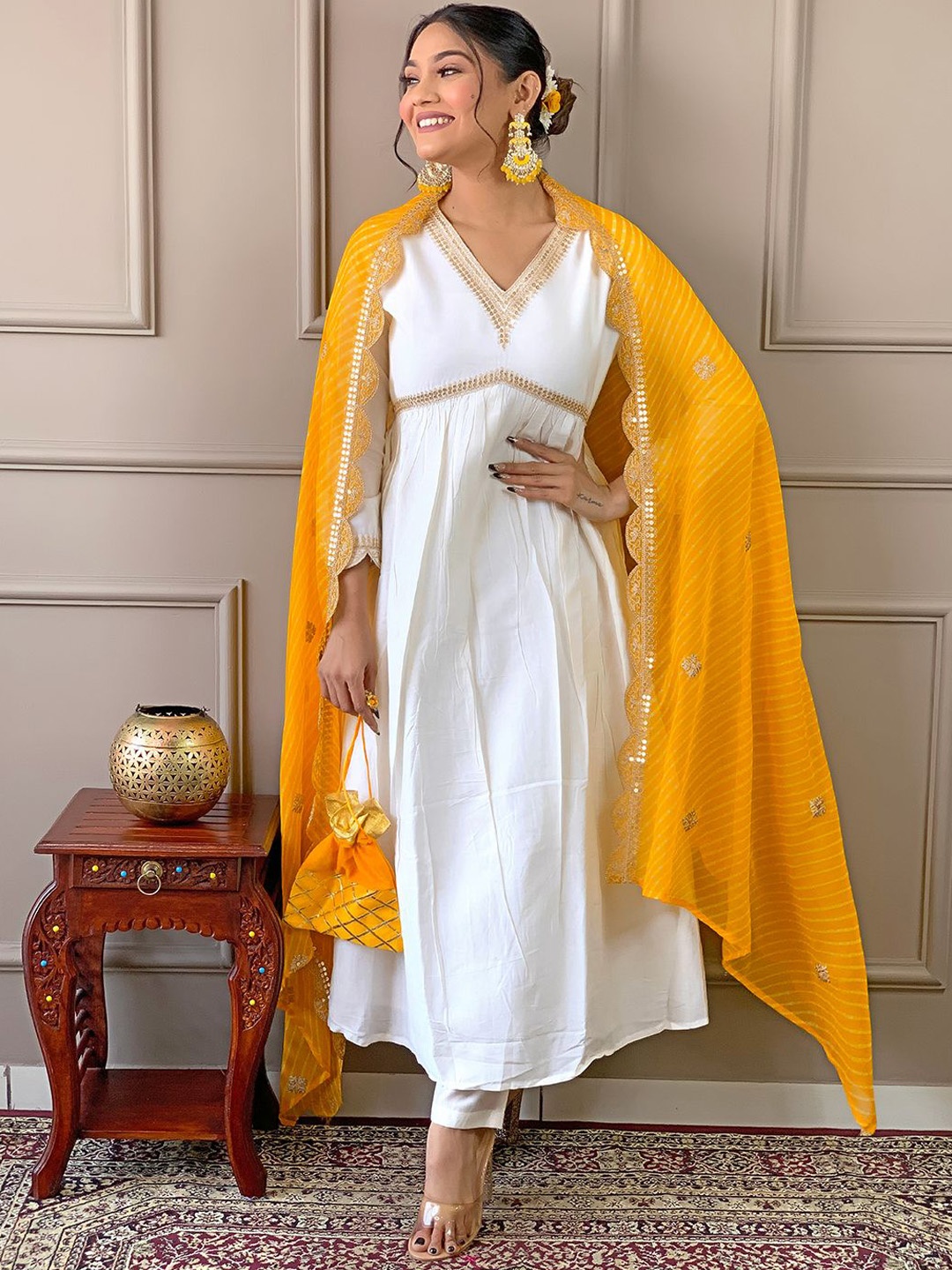 

KALINI Ethnic Motifs Embroidered Chanderi Silk Kurta With Trousers & Dupatta, White