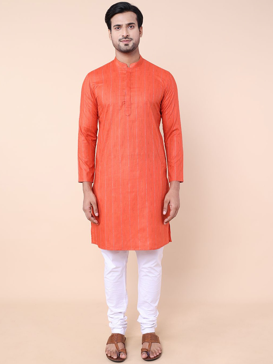 

NAMASKAR Striped Regular Pure Cotton Straight Kurta with Churidar, Orange