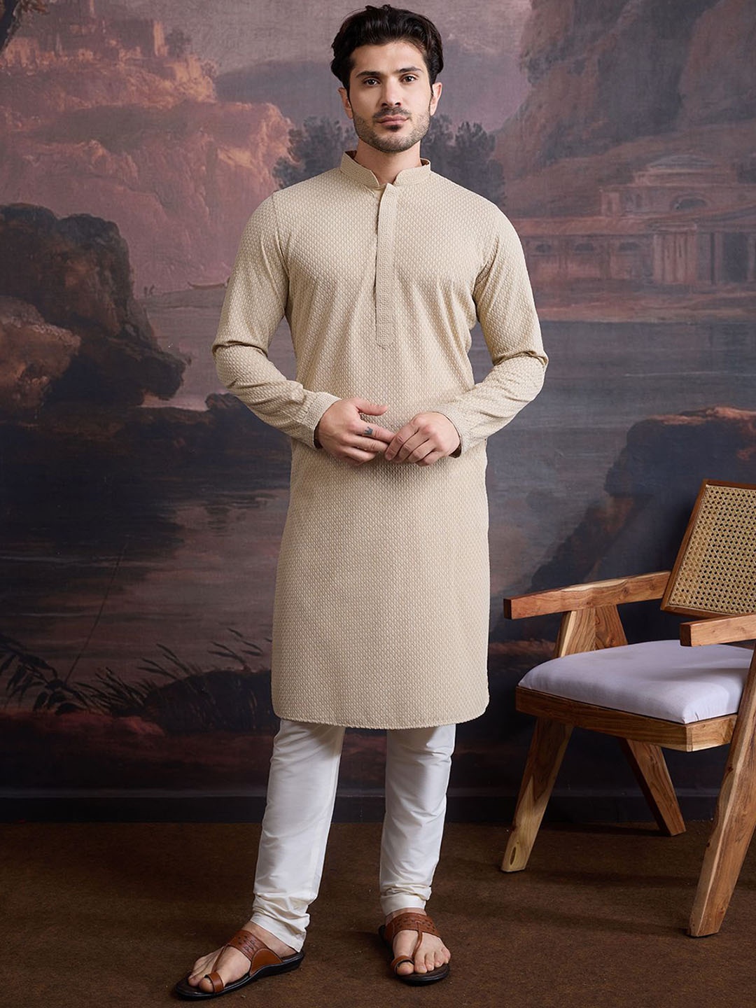 

House of Pataudi Chikankari Embroidered Mandarin Collar Straight Kurta, Beige