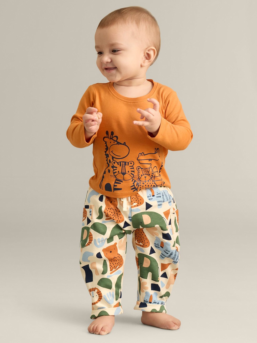 

My Milestones Boys Printed Round Neck long sleeves Pure Cotton Clothing Set, Orange