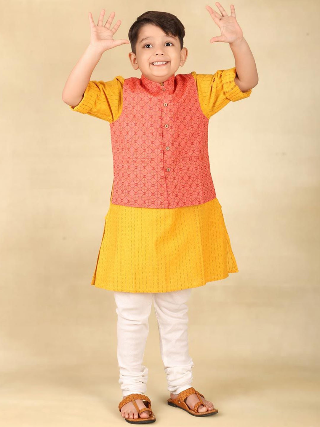 

Fabindia Boys Striped Band Collar Cotton Straight Kurta with Nehru Jacket, Yellow