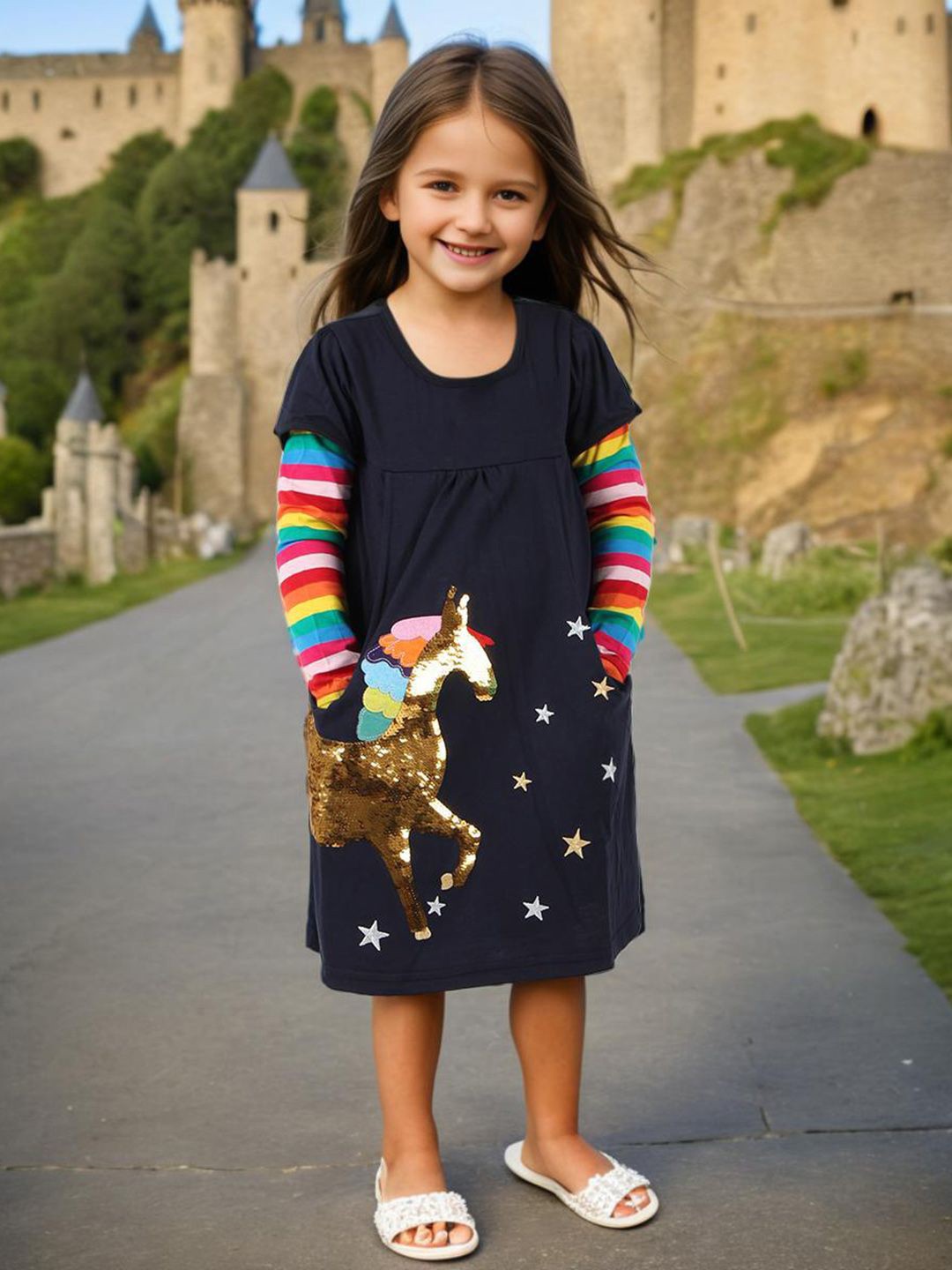 

INCLUD Girls Sequined Embellished Unicorn Embroidered A-Line Dress, Navy blue