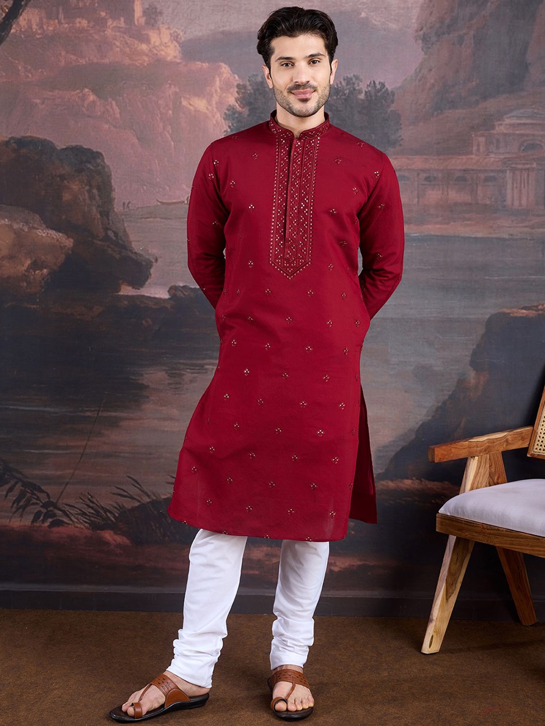 

House of Pataudi Floral Embroidered Mandarin Collar Straight Kurta, Maroon