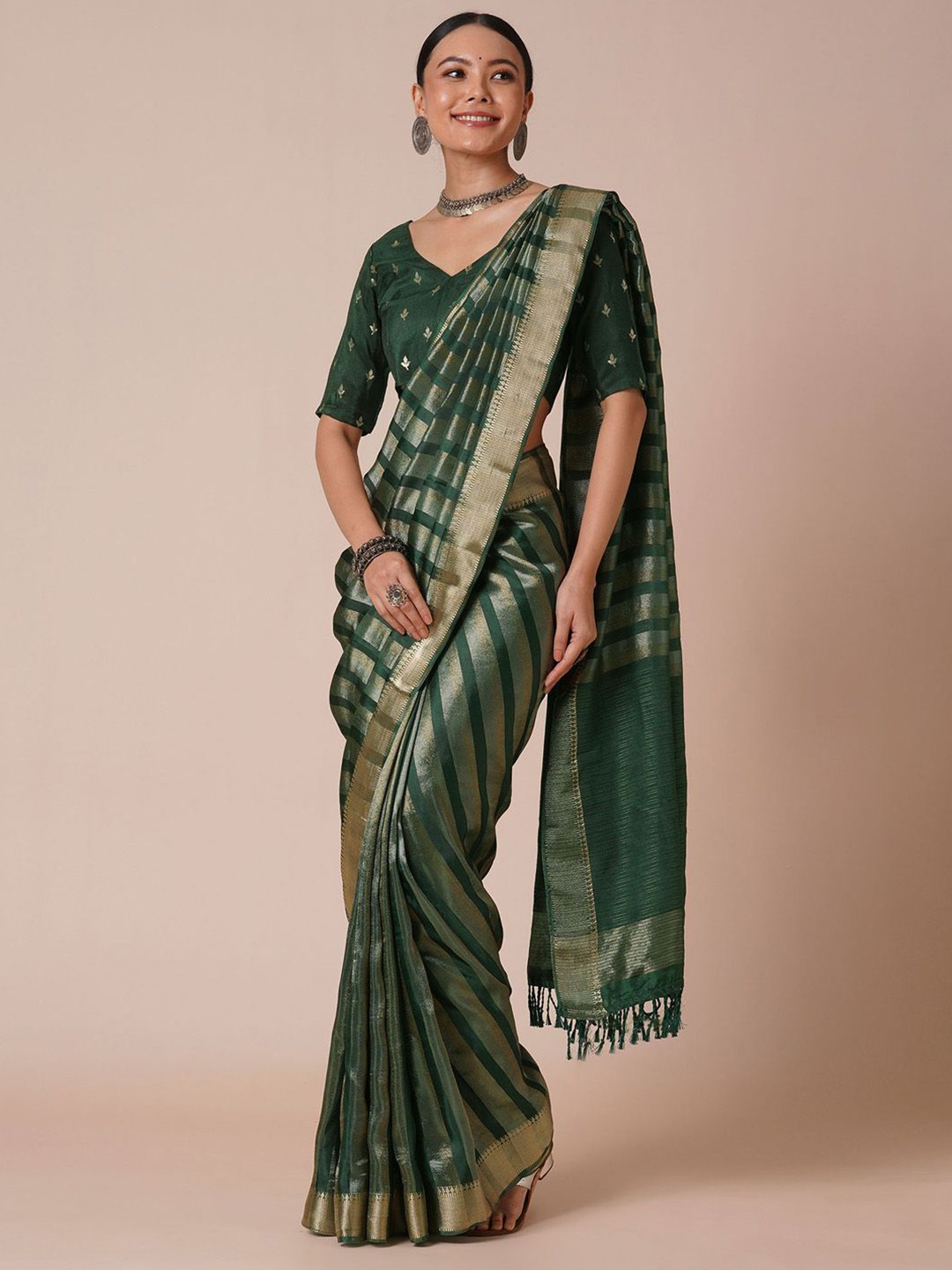 

Anouk Striped Zari Silk Blend Banarasi Saree, Green