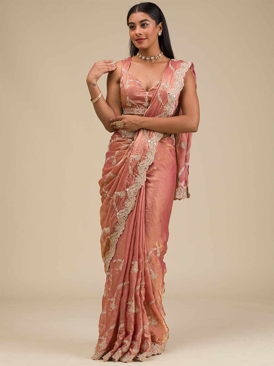 

Koskii Floral Embroidered Zari Tissue Saree, Peach