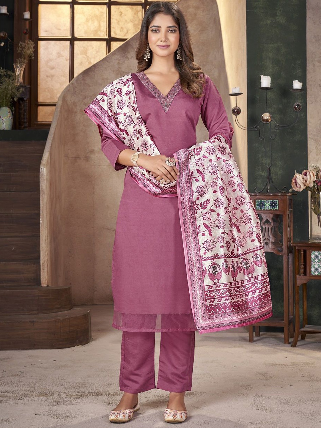 

Stylum Rose Floral Yoke Design Regular Thread Work Pure Silk Kurta With Trousers & Dupatta