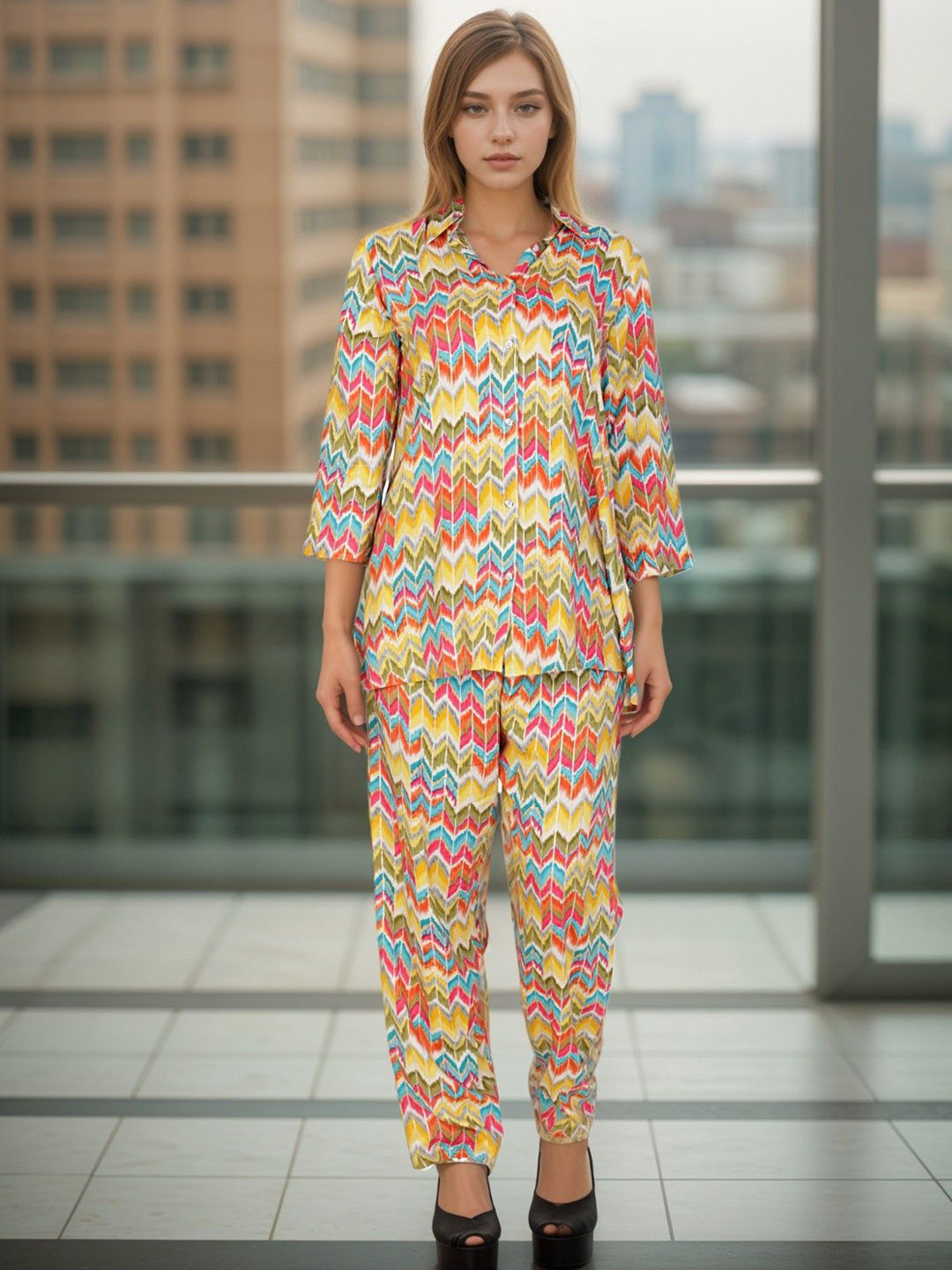 

BAESD Abstract Printed Shirt With Trousers, Blue