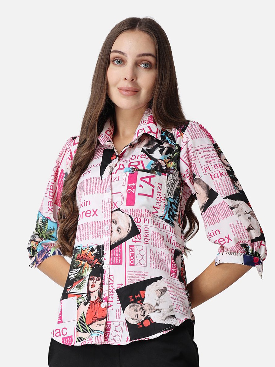 

BAESD Women Classic Spread Collar Typography Printed Crepe Casual Shirt, Pink