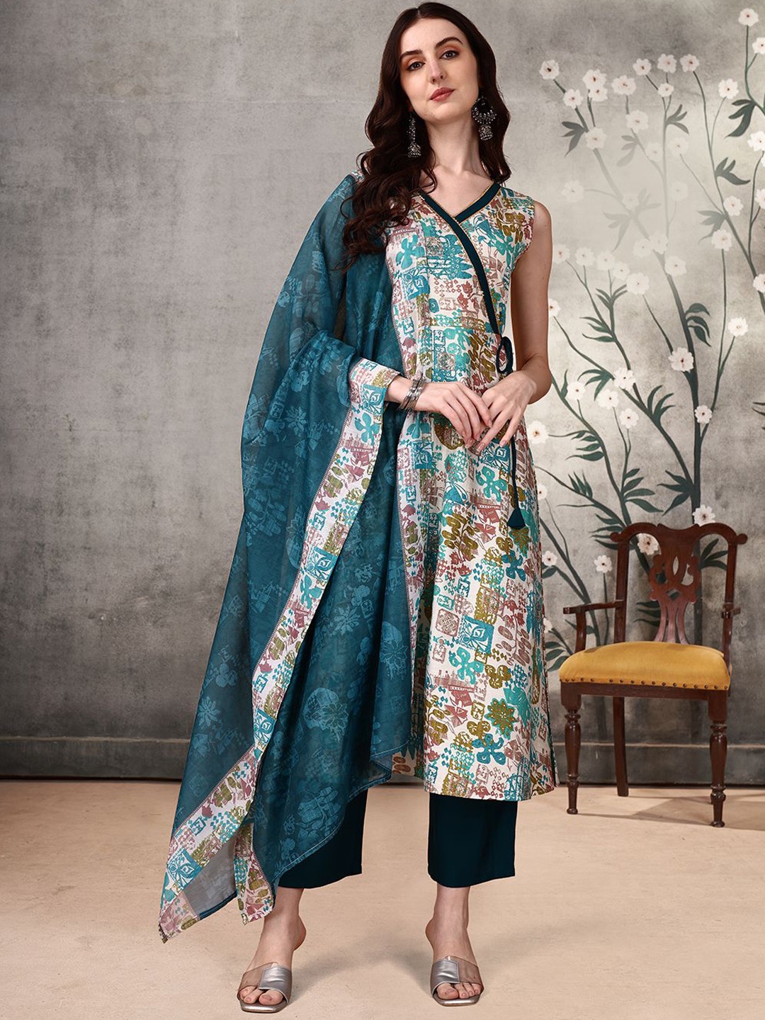 

KALINI Floral Printed V-Neck Angrakha Anarkali Kurta With Trousers & Dupatta, Green
