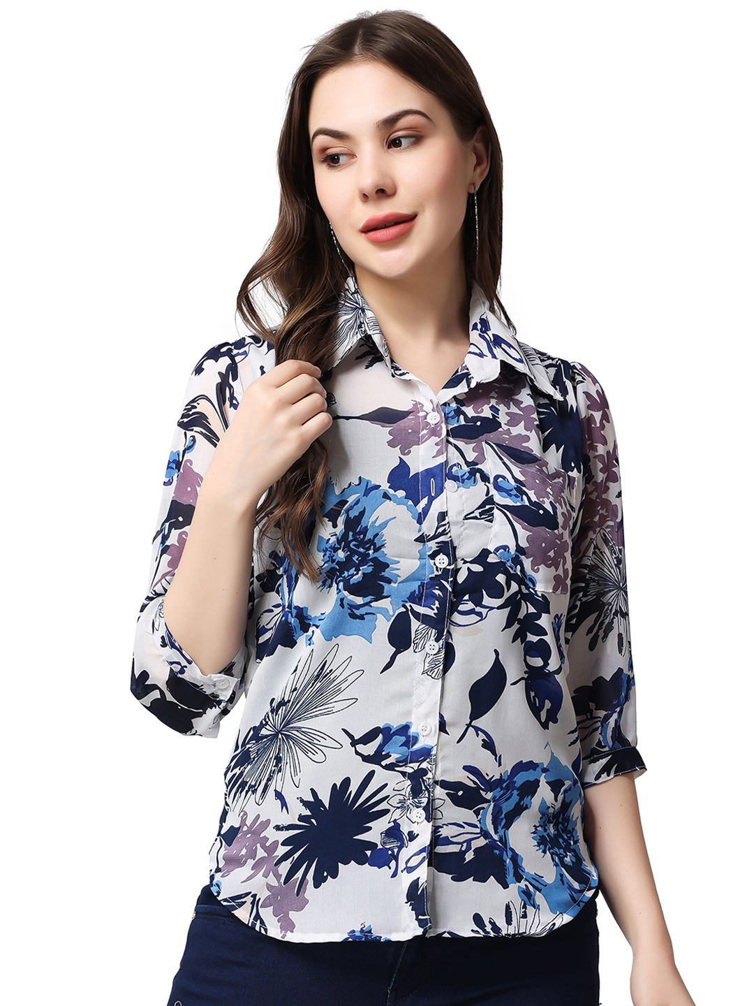 

BAESD Women Classic Spread Collar Floral Printed Casual Shirt, White