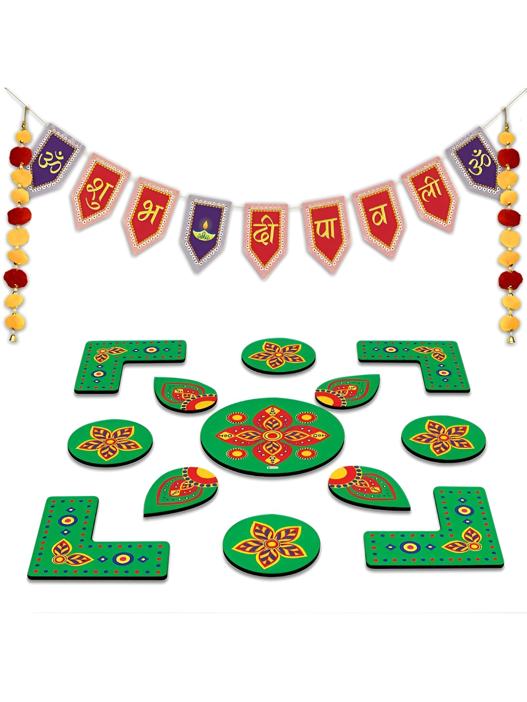 

Indigifts Green & Red 14 Pieces Printed Festive Decor
