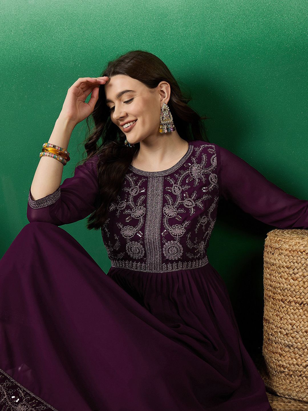 

Sangria Burgundy Floral Embroidered Zari Pleated Anarkali Kurta With Palazzos
