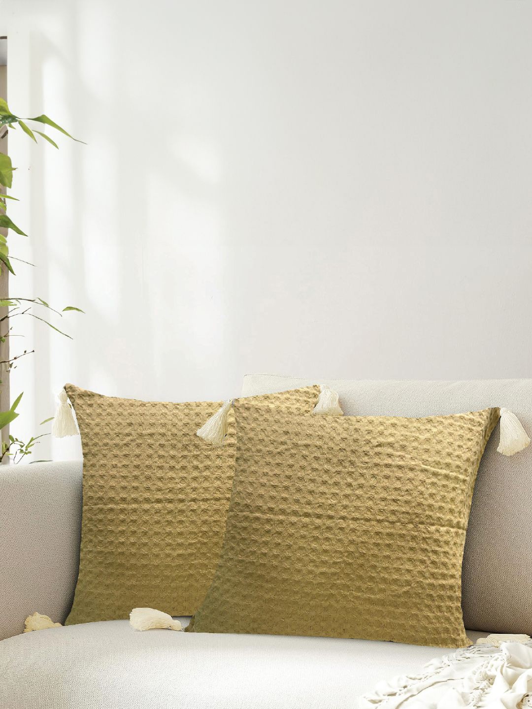 

URBAN SPACE Khaki 2 Pieces Checked Pure Cotton Square Cushion Covers