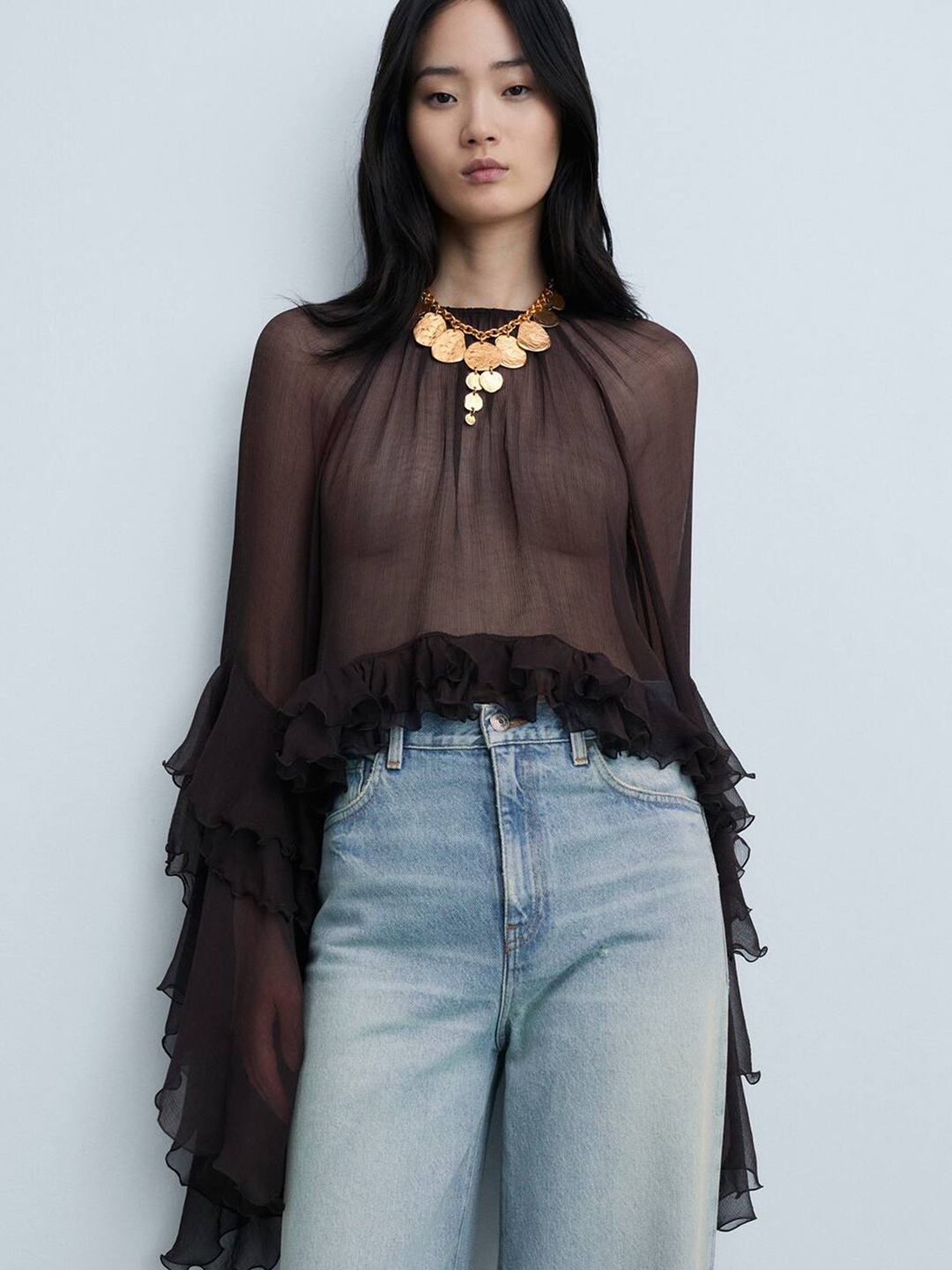 

MANGO Ruffled Detail Cape Sleeves Sheer Chiffon Top, Brown