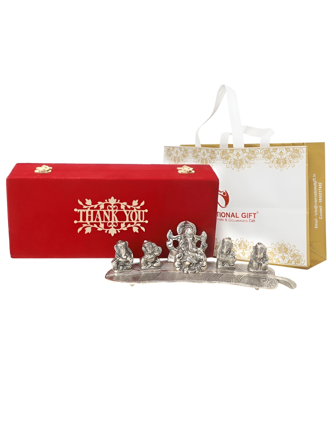 

INTERNATIONAL GIFT Silver Toned Musical Ganesh Idol With "Thank You" Tag & Velvet Box