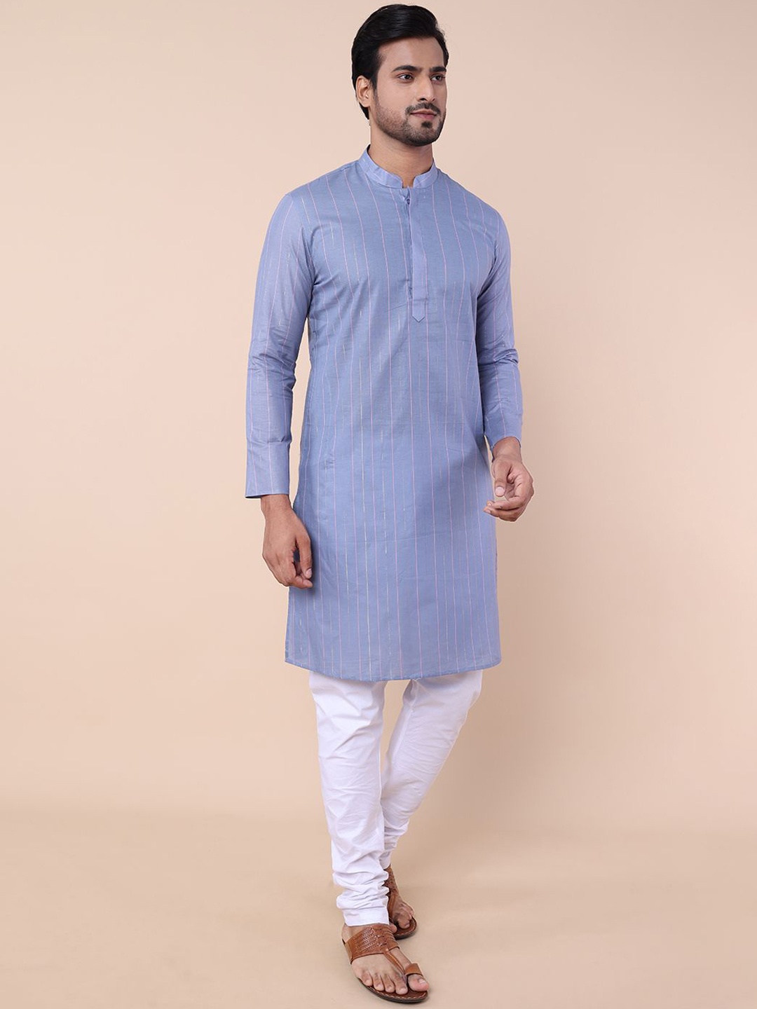 

NAMASKAR Men Striped Regular Pure Cotton Kurta with Churidar, Blue