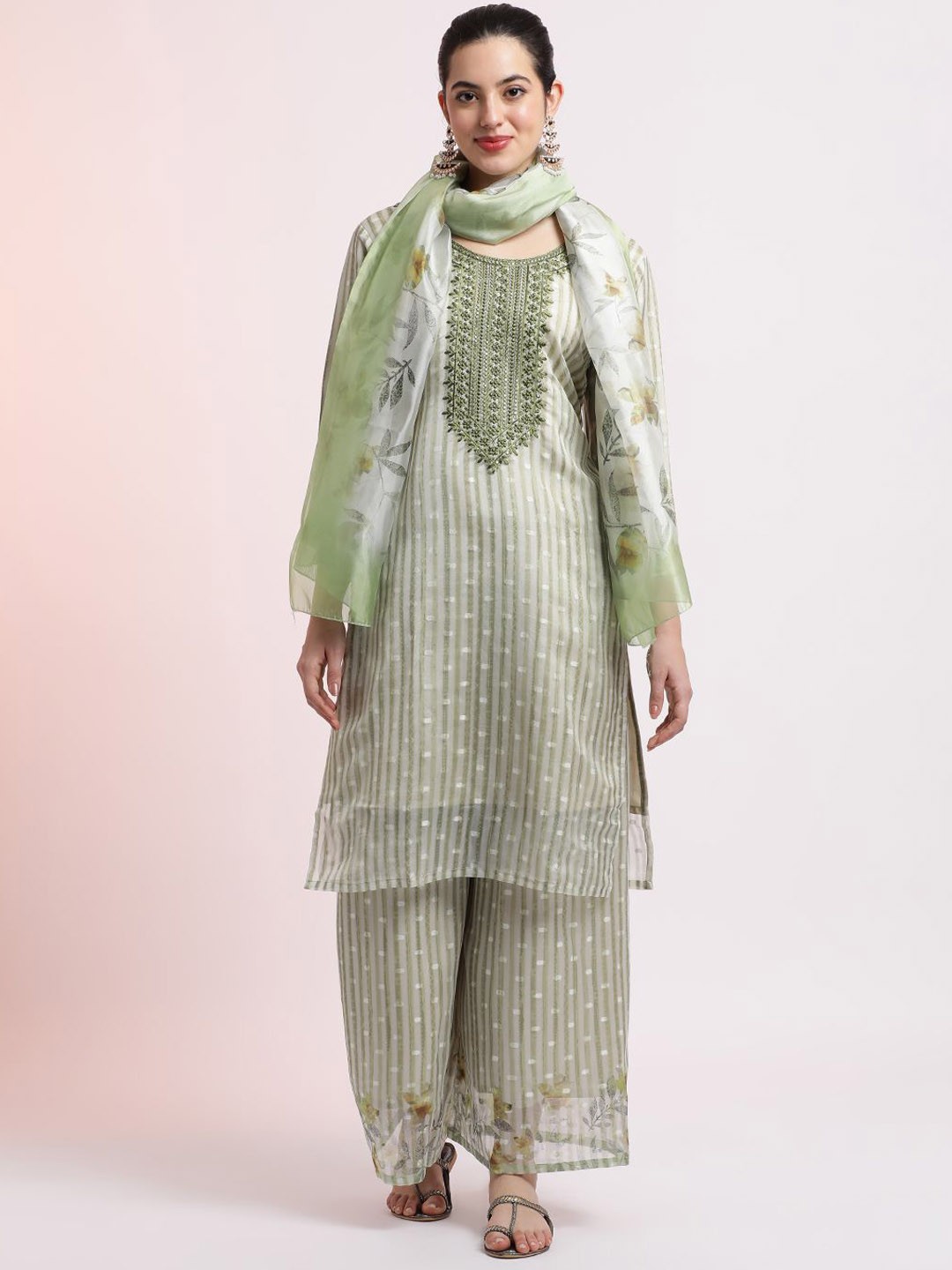 

Jaipur Kurti Woven Design Organza Kurta Set With Dupatta, Green