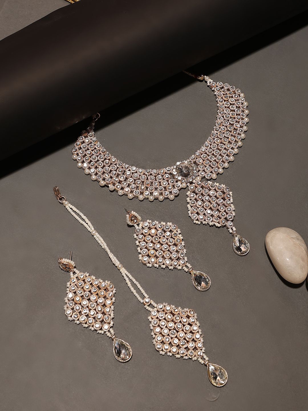 

ANIKAS CREATION Sliver-Plated Stone-Studded & Beaded Jewellery Set, Silver