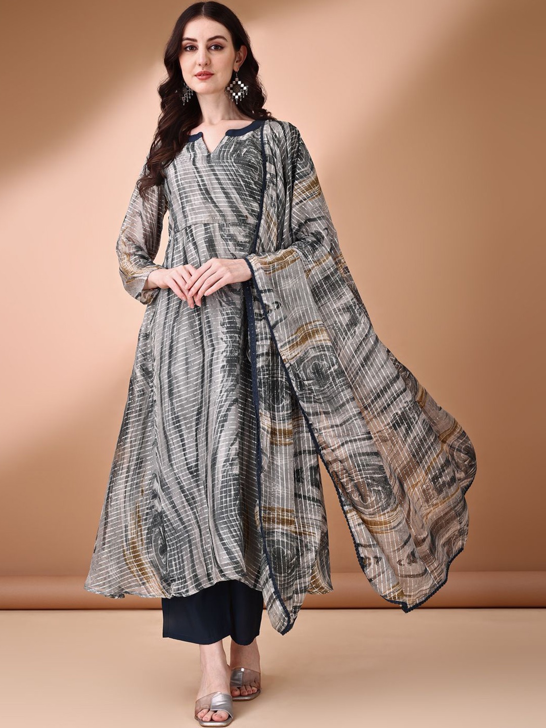 

KALINI Abstract Printed Mandarin Collar Anarkali Kurta With Trousers & Dupatta, Grey