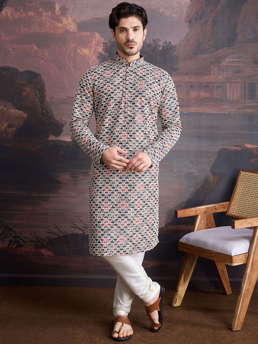 

House of Pataudi Floral Embellished Mandarin Collar Cotton Straight Kurtas, Maroon