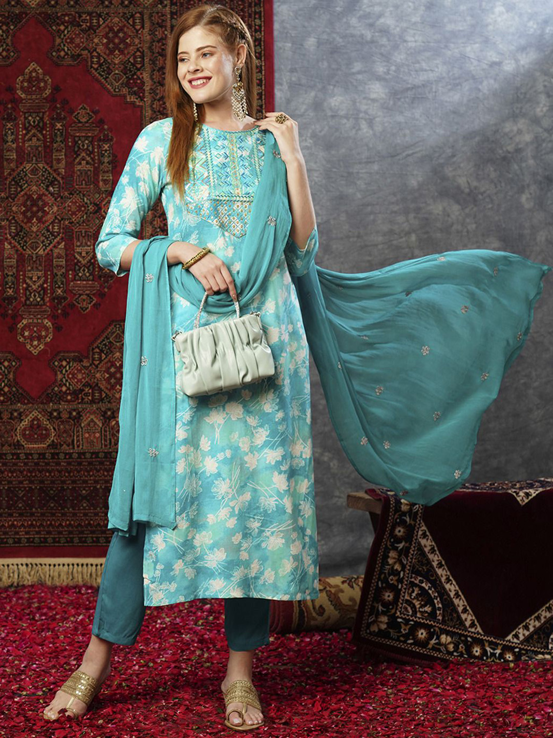 

GoSriKi Floral Printed Beads & Stones Straight Kurta with Trousers & Dupatta, Sea green
