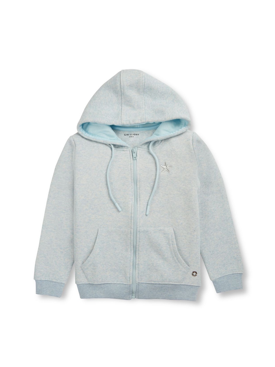 

Gini and Jony Girls Hooded Self Design Bomber with Embroidered Jacket, Blue