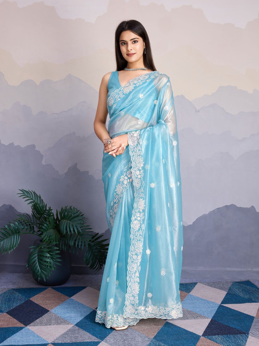 

Meena Bazaar Floral Embroidered Organza Saree, Blue