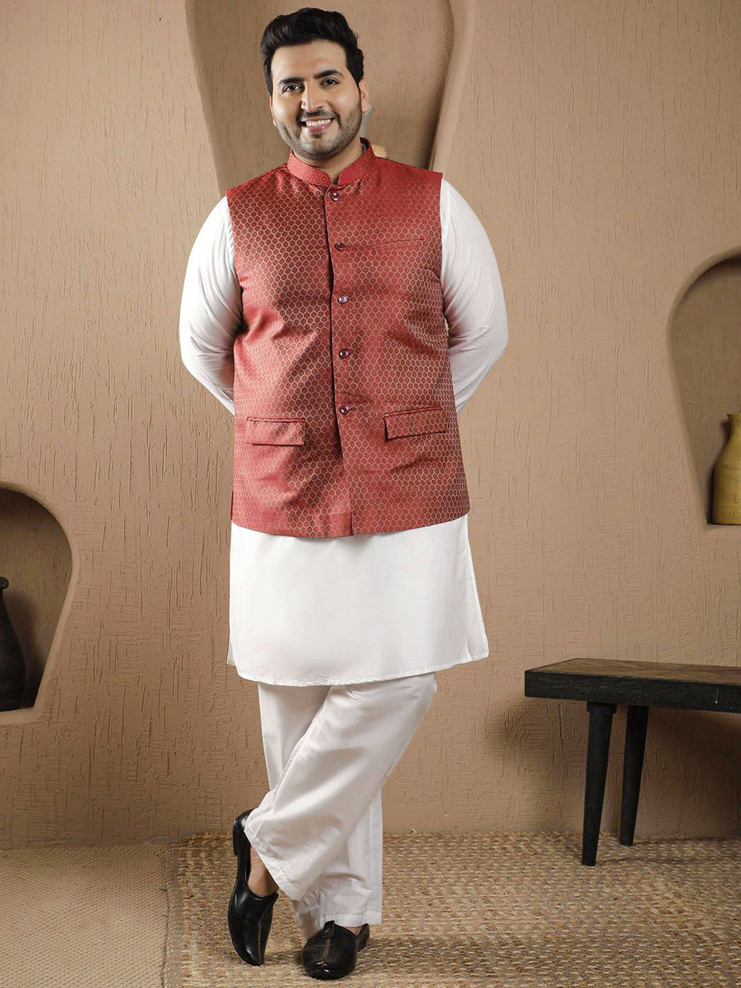 

Sztori Plus Size Mandarin Collar Straight Kurta with Pyjamas & Nehru Jacket, Red