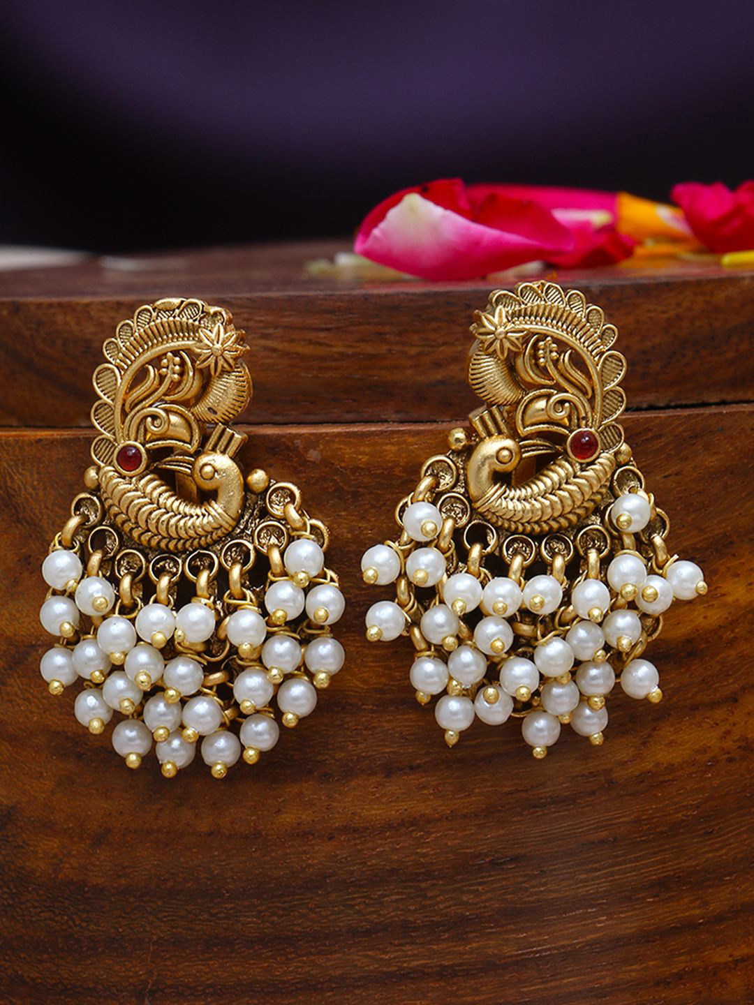 

Anouk Gold Plated Stone Studded & Beaded Peacock Design Drop Earrings
