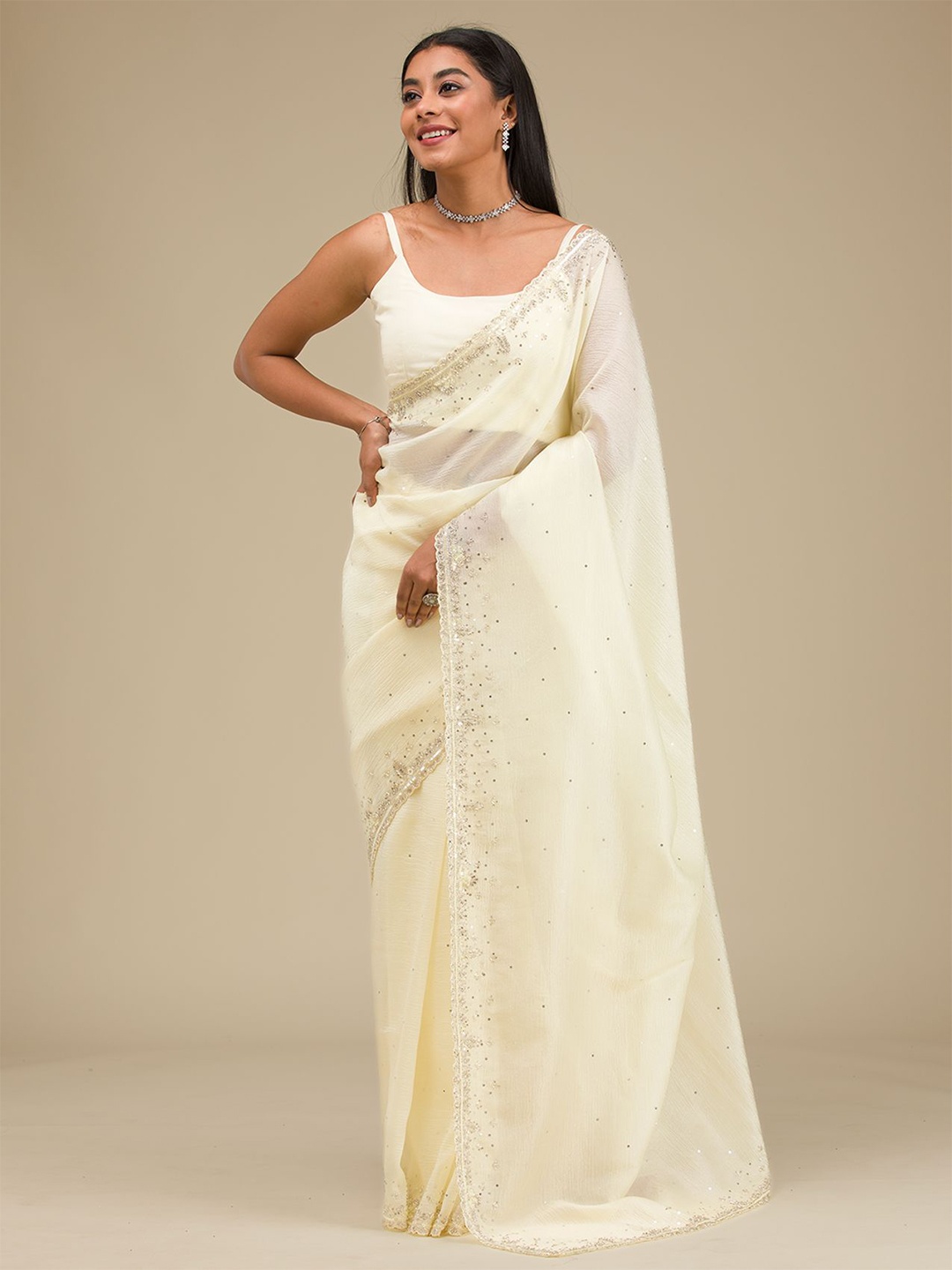 

Koskii Embellished Beads and Stones Pure Georgette Saree, White