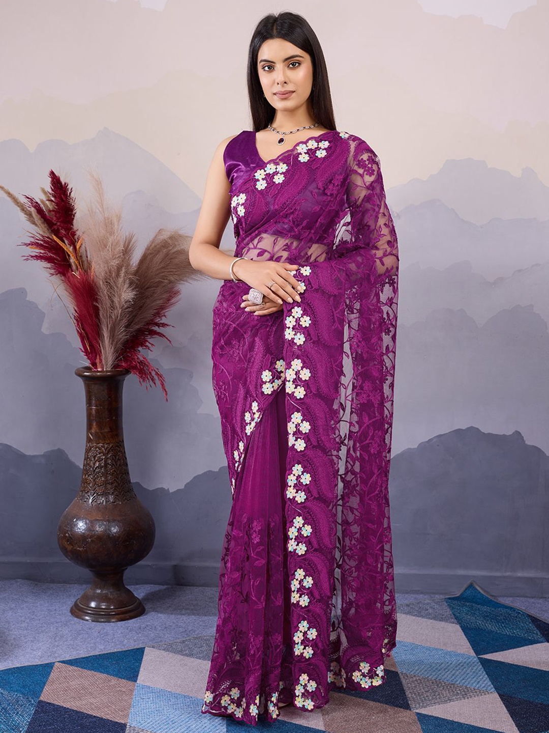 

VAIRAGEE Floral Embroidered Net Saree, Purple