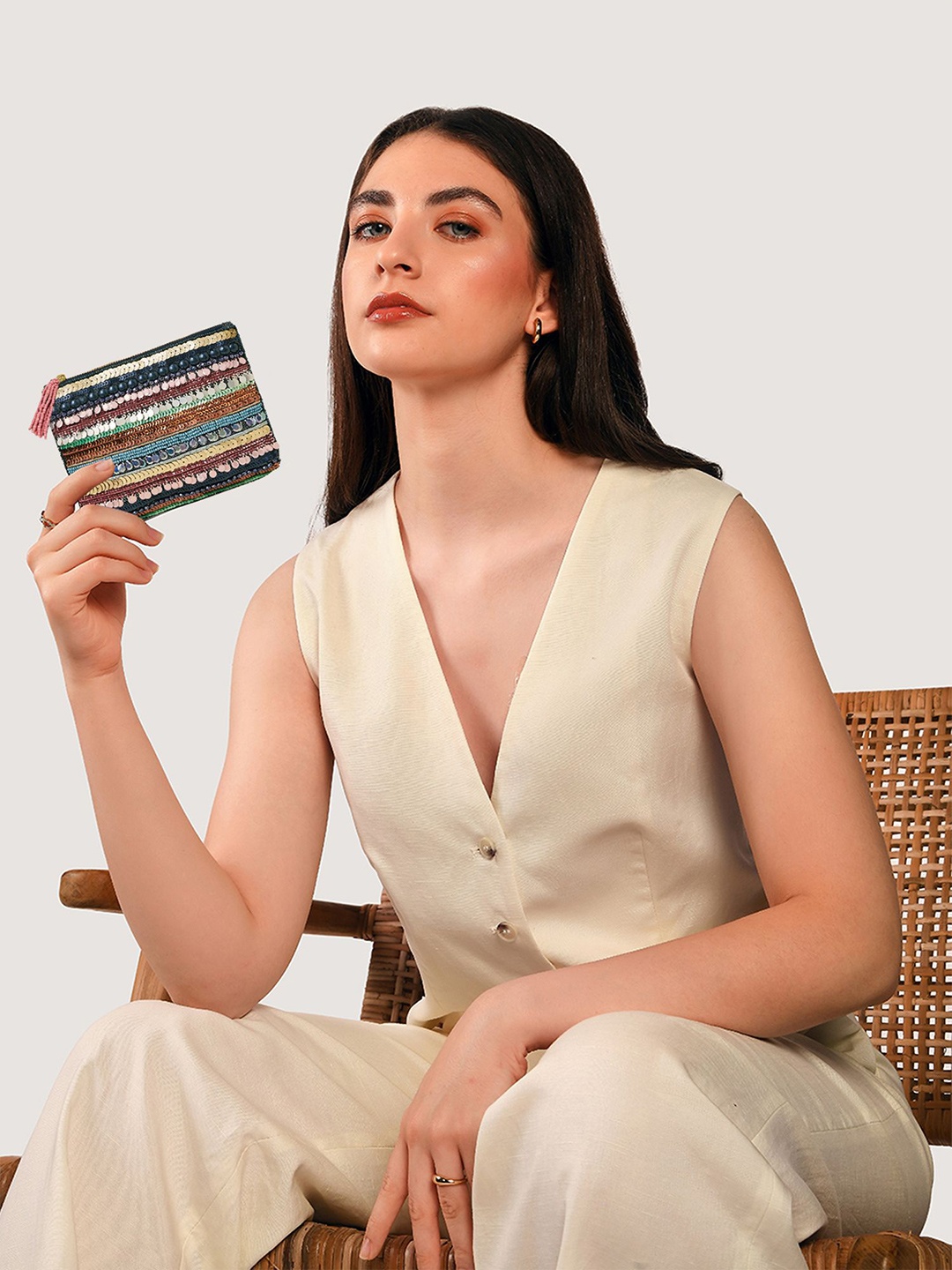 

Accessorize Women Embroidered Zip Around Wallet, Navy blue